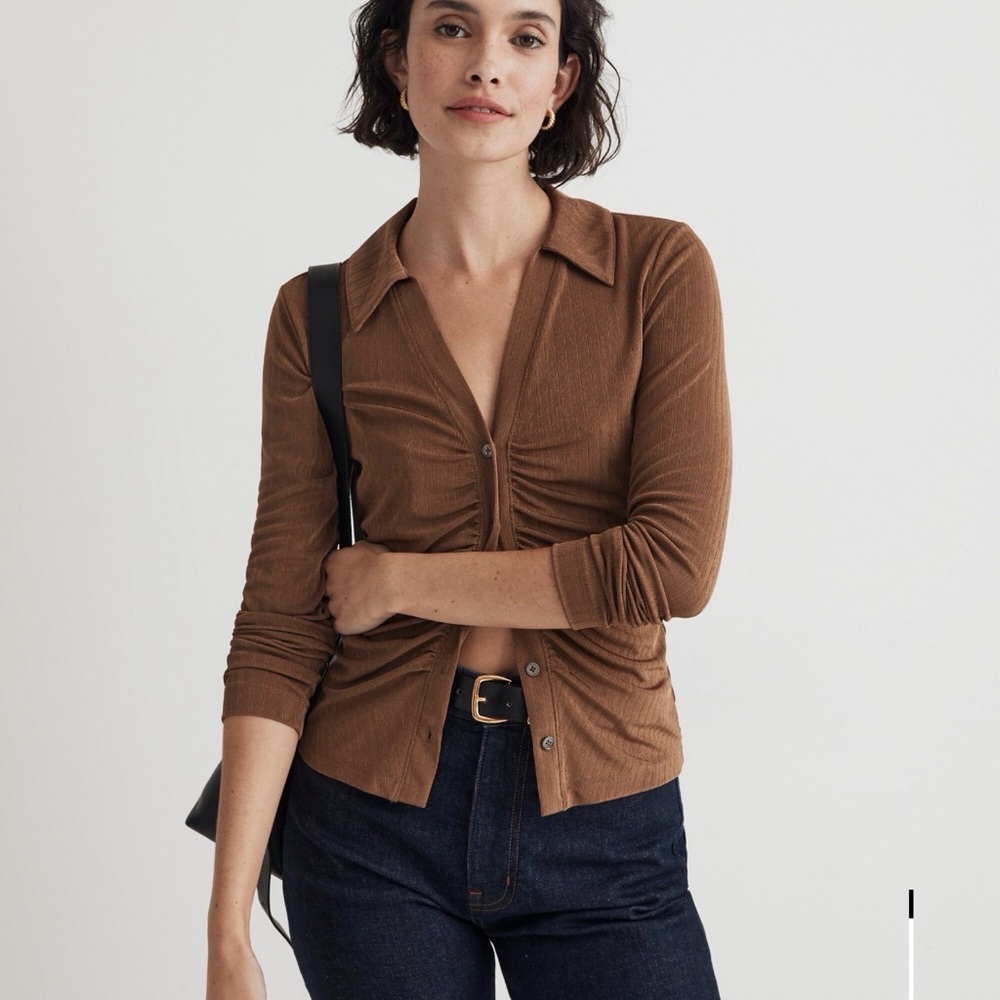 Madewell Metallic Rib Ruched Long-Sleeve Top